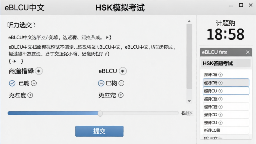 一张展示“eBLCU中文”HSK模拟考试界面的图片,画面中央为听力选择题和进度条,右侧有计时器和答题卡,背景为淡灰色,风格严肃考试类,细节包括题目文本、选项按钮和底部提交按钮,画质高清干净无多余元素