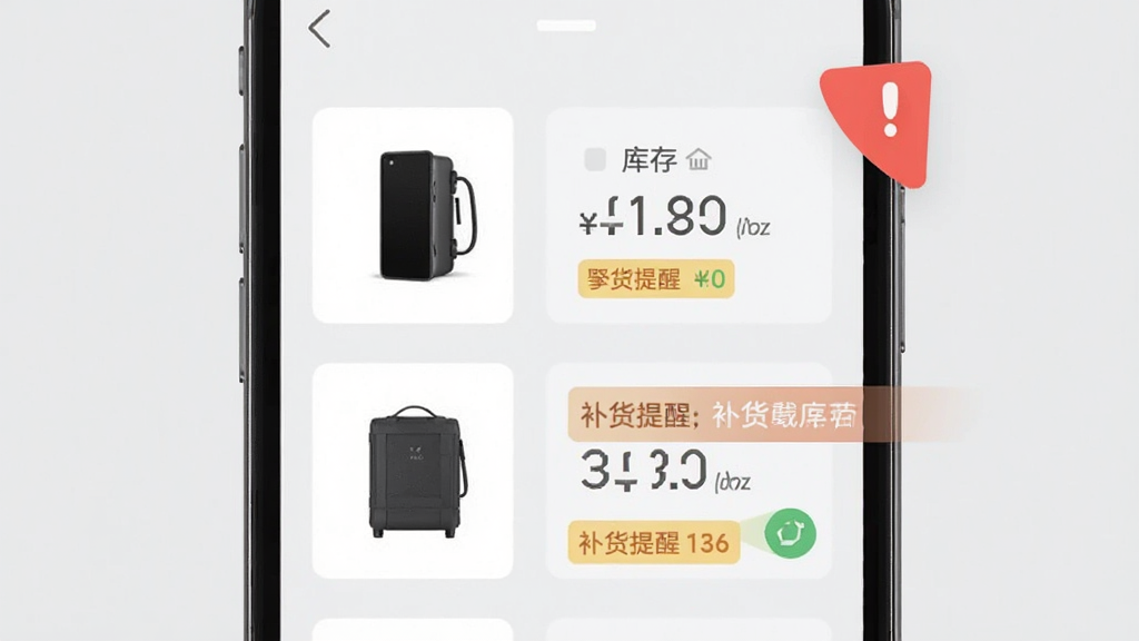 主体为手机屏幕展示商品列表与库存数字,布局采用左右分栏,左侧为商品缩略图,右侧为库存数量与补货提醒标签,排版整齐,风格为清爽扁平化UI风格,细节包括屏幕上悬浮一个红色提醒角标,背景为浅灰色,画质高清,干净,无多余元素