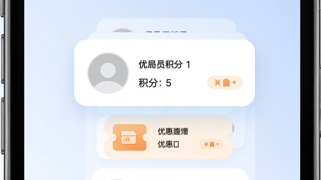 主体为手机屏幕展示会员信息卡片与优惠券图标,布局采用卡片式堆叠,排版居中,风格为柔和圆角设计,细节包括卡片上带有头像占位符与积分数字,背景为淡蓝色渐变,画质高清,干净,无多余元素