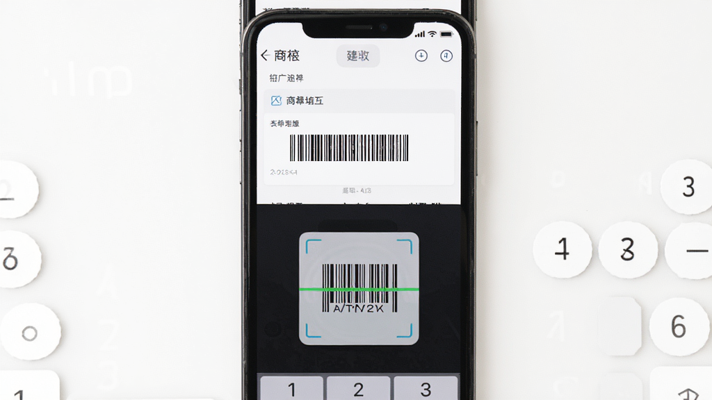 主体为手机屏幕展示商品建档表单与扫码收银界面,布局采用上下分屏,上方为表单填写区,下方为扫码框,排版清晰,风格为简约工具类应用风格,细节包括屏幕中显示条形码与数字键盘,背景为白色,画质高清,干净,无多余元素