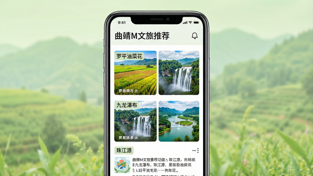 一张以曲靖M文旅推荐功能为主题的AI生图,主体为手机屏幕展示曲靖风景图片与旅游攻略文章,屏幕中可见“罗平油菜花”“九龙瀑布”“珠江源”等文字标签;布局为手机居中,背景为淡绿色自然风光虚化;排版图文并茂;风格为清新旅行杂志风;细节上风景图片色彩鲜艳,文字排版优雅;画质高清,干净无多余元素