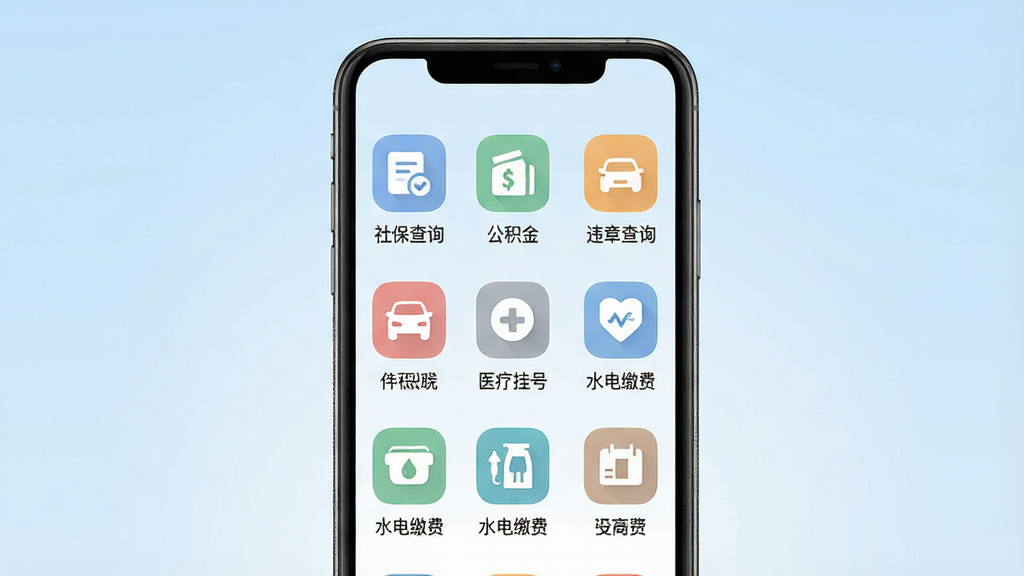 一张展示曲靖M便民服务功能的AI生图,主体为手机界面中排列整齐的服务图标矩阵,图标包含“社保查询”“公积金”“违章查询”“医疗挂号”“水电缴费”等文字标签;布局为手机正面居中展示,背景为浅蓝色渐变;排版采用网格化排列,整齐清晰;风格为现代扁平化设计;细节上图标色彩柔和统一,文字清晰;画质高清,干净无多余元素