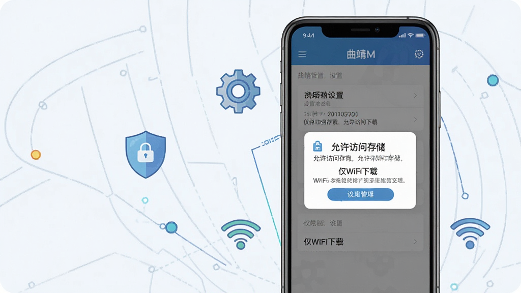 一张以曲靖M移动端使用技巧为主题的AI生图,主体为手机屏幕显示曲靖M设置页面与权限管理弹窗,屏幕旁配有齿轮、盾牌、WiFi信号等小图标;布局为手机居中偏右,左侧图标点缀;排版清晰直观;风格为科技说明插画风;细节上弹窗文字“允许访问存储”“仅WiFi下载”清晰可见;画质高清,画面干净,无多余元素