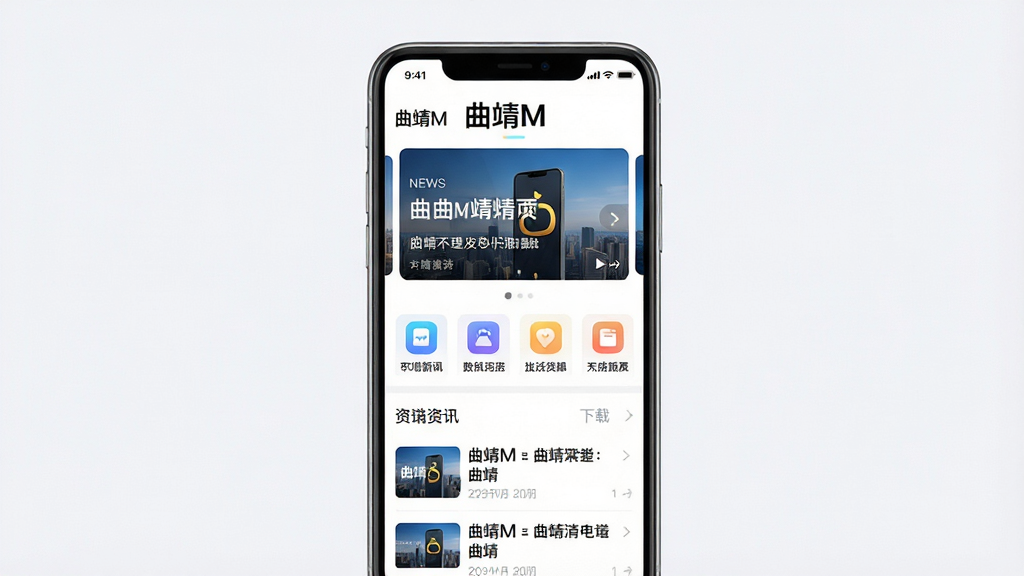 一张展示曲靖M手机应用界面的整体预览图,主体为一部竖屏智能手机,屏幕中清晰显示曲靖M应用首页布局,包含顶部新闻轮播图、中部功能图标入口、底部资讯列表;布局采用居中构图,背景为干净的浅灰白色;排版整齐有序,风格现代简约科技感;细节上手机边框圆润,屏幕内文字清晰可辨,应用名称“曲靖M”在顶部醒目展示;画质高清,干净无多余元素,适合软件下载站展示使用