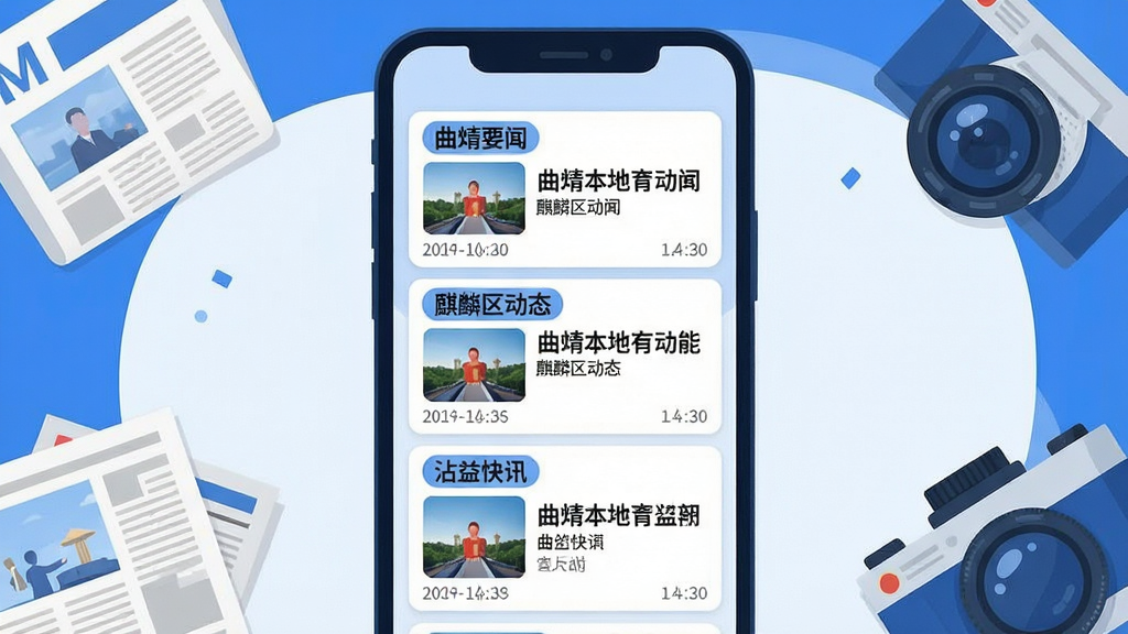 一张以“曲靖M”本地新闻资讯功能为主题的AI生图,主体为手机屏幕中展示多条曲靖本地新闻卡片,卡片上标注“曲靖要闻”“麒麟区动态”“沾益快讯”等字样;布局为手机居中,周围散落报纸与镜头元素作点缀;排版层次分明,新闻标题突出;风格为扁平化插画风,色调以蓝色和白色为主;细节上每张新闻卡片配有缩略图与时间戳;画质高清,画面干净,无多余杂乱元素