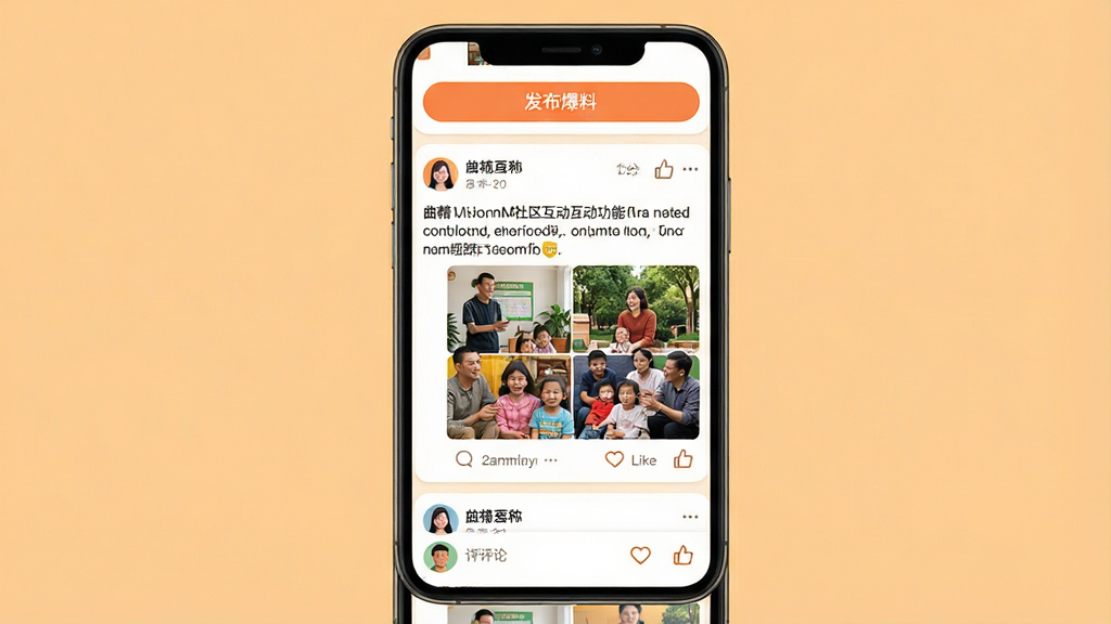 一张以曲靖M社区互动功能为主题的AI生图,主体为手机屏幕显示社区帖子信息流,帖子包含用户头像、昵称、文字内容与配图,屏幕上方有“发布爆料”按钮,下方有评论与点赞图标;布局为手机居中,背景为温暖浅橙色;排版活泼有序;风格为社交应用界面写实风;细节上头像多样,配图清晰;画质高清,画面温馨干净,无多余元素
