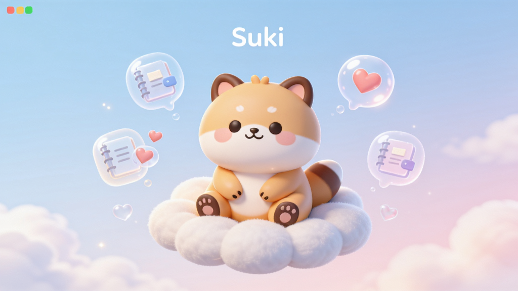 软件名称Suki主界面全貌展示,画面中央是一只圆润可爱的卡通小动物坐在柔软的云朵垫子上,周围漂浮着半透明的日记本图标与爱心气泡,背景是淡蓝到浅粉的渐变天空,整体布局对称,风格清新治愈,细节处带有柔光描边,画质干净清晰,无多余元素,4K分辨率。