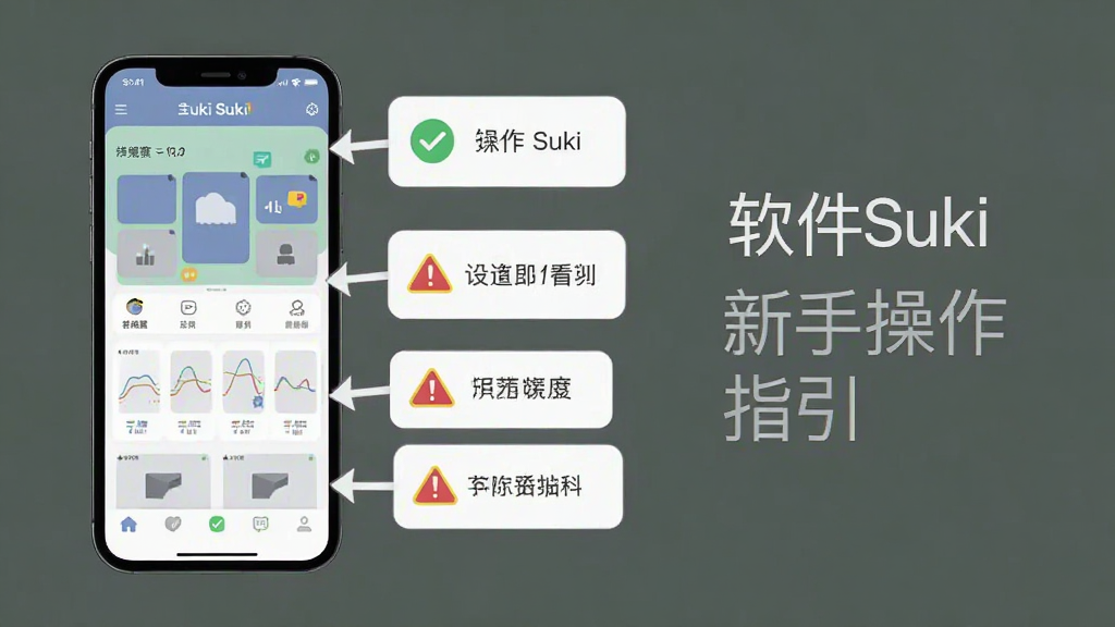 软件Suki新手操作指引界面,主体为一部竖屏手机展示应用主界面,旁边悬浮着带有箭头与文字标注的操作提示卡片,布局采用左机右文的形式,风格简洁教程风,细节包含对勾图标与警示三角图标,画质清晰干净,无多余元素,扁平化设计。
