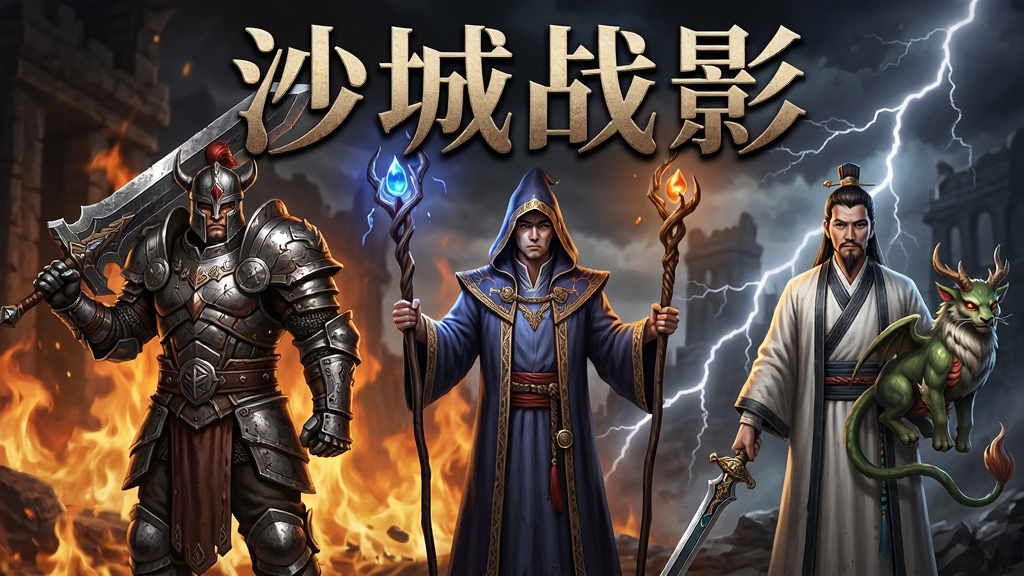 画面主体为三个传奇风格角色并排站立,左侧战士手持巨剑身穿重甲,中间法师手持法杖身披长袍,右侧道士手持道剑携带神兽,布局为横向排列,排版上方书写“沙城战影”四个大字,风格为暗黑奇幻写实,细节包含角色装备纹理、背景火焰与雷电特效,画质高清,干净,无多余元素