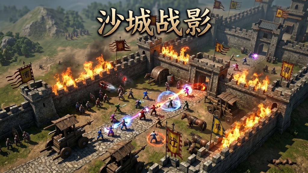 画面主体为沙巴克城池攻防战场景,布局采用远景俯视构图,排版上方居中书写“沙城战影”字样,风格为热血传奇写实风,细节包含大量玩家角色释放技能、城墙火焰、攻城车与旗帜飘扬,画质高清,干净,无多余元素
