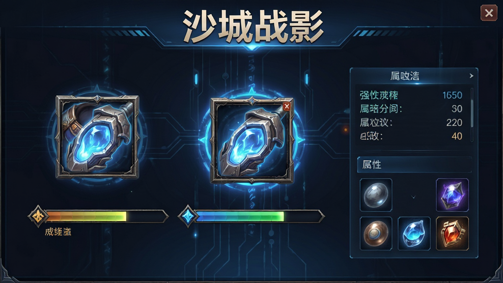 画面主体为游戏角色装备强化界面,布局采用中心对称构图,排版上方书写“沙城战影”标题,风格为科技奇幻融合风,细节包含发光装备、强化进度条、属性数值面板与材料图标,画质高清,干净,无多余元素