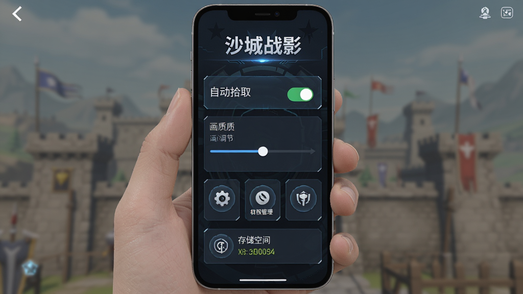 画面主体为手机屏幕显示沙城战影游戏设置界面,布局采用竖版中心构图,排版上方书写“沙城战影”标题,风格为简洁科技风,细节包含自动拾取开关、画质调节滑块、权限管理图标与存储空间提示,画质高清,干净,无多余元素