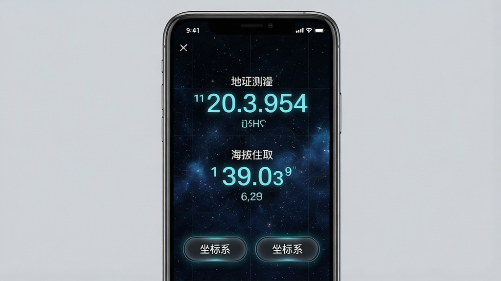 һ��չʾ��ͼ������������뺣�ζ�ȡ���ܵ��ֻ�����ͼ������������һ���ֻ�����Ļ����ʾ�ž�γ����ֵ�ͺ��θ߶���ֵ����ֵ�·�������ϵ�л���ť������Ϊ��ɫ�ǿ�ͼ�������ֲ��þ��д�ֱ���У����Ϊ�Ƽ��а�ɫ���⣬ϸ�ڰ�����ֵ�ķ�������Ч���Ͱ�ť��΢���ʸУ�����Ϊ���壬����ɾ��޶���Ԫ��