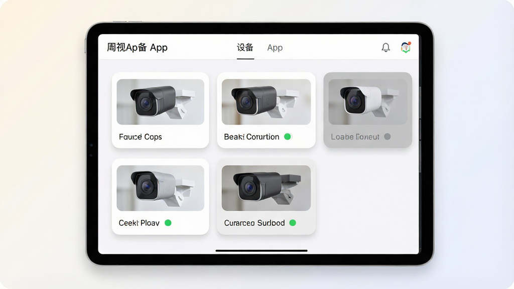 一张展示多设备统一管理功能的界面示意图,画面主体是一个平板电脑屏幕,屏幕上显示周视App的设备列表页面,列表中有六个摄像头设备卡片整齐排列,部分卡片显示绿色在线状态、部分显示灰色离线状态,每个卡片配有摄像头缩略图和设备名称,布局为平板居中展示、背景为浅色渐变,风格为简约商务扁平化,细节上卡片有圆角设计和微妙的投影效果,画质高清干净无多余元素