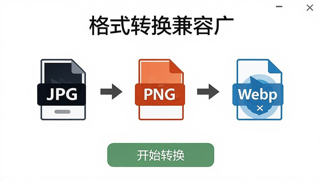 ͼƬ����PS��Ƭѹ����������ʽת�����ܽ��棬����չʾJPG��PNG��WebP��ʽͼ�꣬�м���ת����ͷ���ײ��С���ʼת������ť���������Ϊ����ʽת�����ݹ㡱������Լ�����ʸɾ����޶���Ԫ��