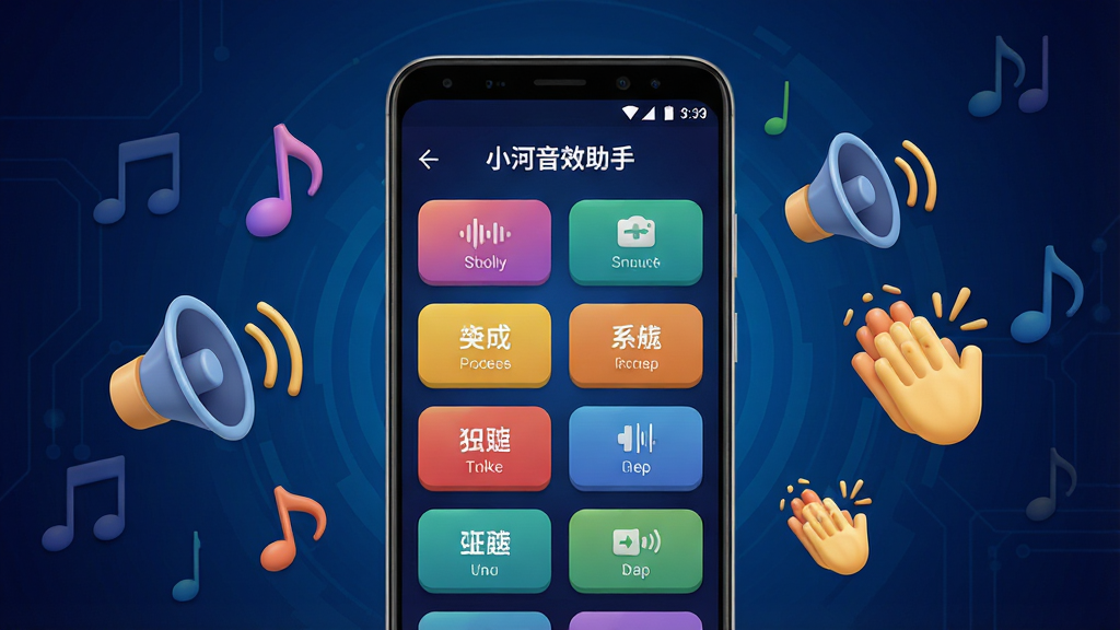 画面中央展示一部安卓手机,手机屏幕显示“小河音效助手”应用主界面,界面内有多个彩色音效按钮整齐排列,手机周围环绕着音符、喇叭、掌声图标等音效元素,背景为深蓝色渐变科技风格,布局采用中心对称构图,排版突出手机主体与应用界面,细节包括按钮上的文字标签清晰可见、图标具有立体感,整体风格简洁现代,画质高清,干净无多余元素。