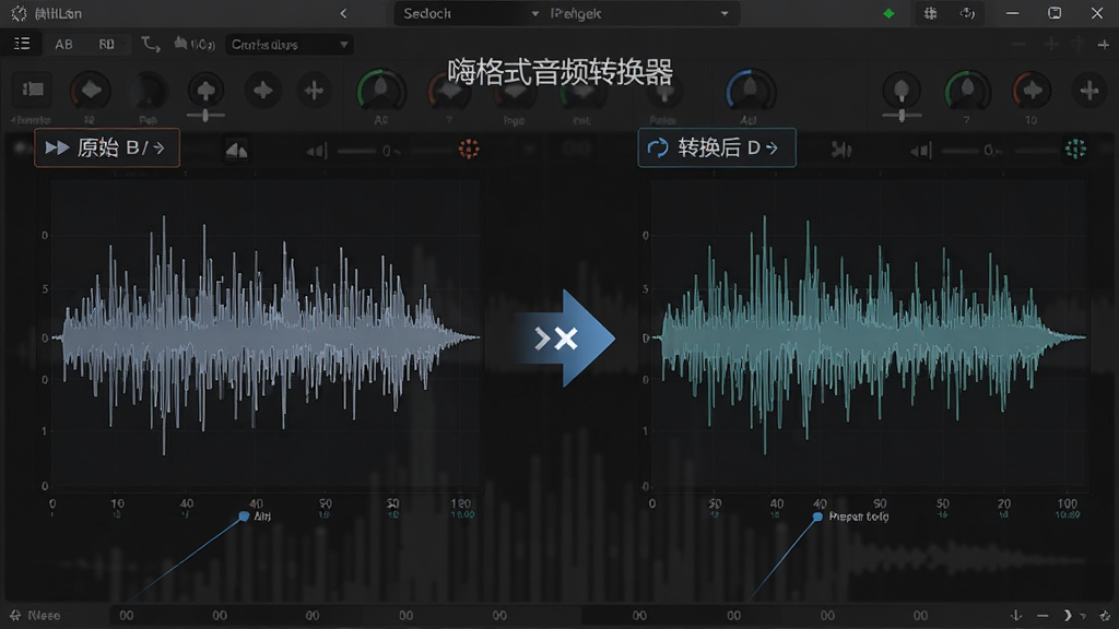 嗨格式音频转换器内部音频波形处理示意图,主体为音频波形图和转换箭头,布局为左右对比式,左侧为原始波形右侧为转换后波形,排版整齐,风格为专业音频软件界面风格,细节上波形线条流畅,背景为深色专业界面,画质高清,干净,无多余元素