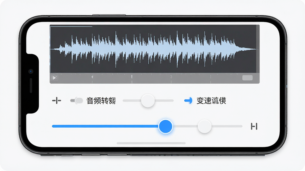 嗨格式音频转换器音频编辑功能界面展示,主体为手机屏幕显示音频裁剪和变速调节滑块,布局为上下结构,上方为波形图下方为调节控件,排版直观,风格为简洁工具类应用风格,细节上滑块带有蓝色高亮,背景为浅色界面,画质高清,干净,无多余元素