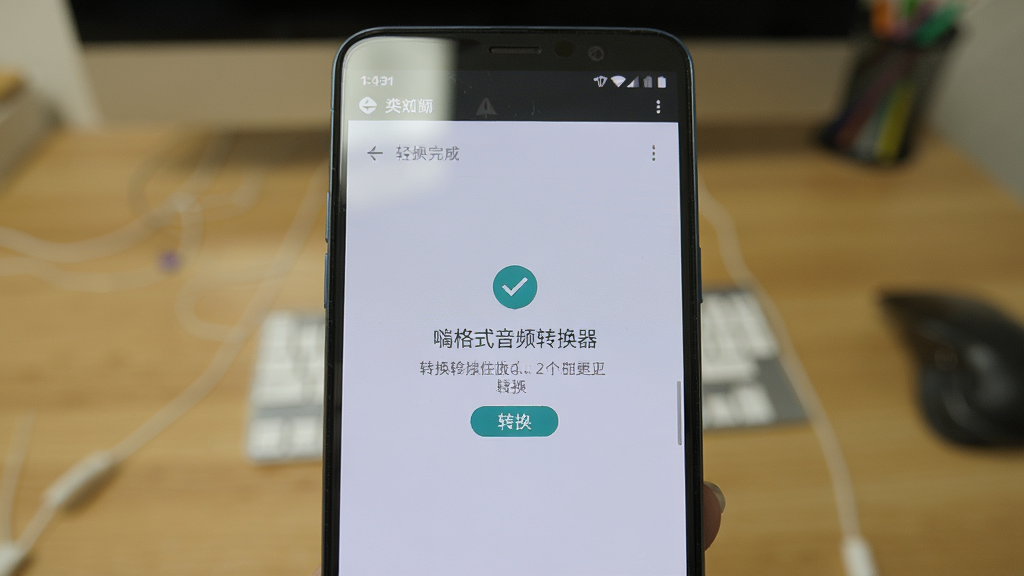 嗨格式音频转换器安卓手机操作界面实拍图,主体为手机屏幕显示转换完成提示,布局为居中展示,排版简洁,风格为真实手机截图风格,细节上屏幕有轻微反光,背景为模糊的桌面环境,画质高清,干净,无多余元素