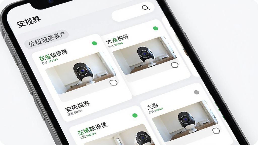 ���ӽ���豸�������棬����չʾ�ֻ���Ļ�������Ŷ������ͷ�豸��Ƭ��ÿ�ſ�Ƭ�����豸���ơ�����״ָ̬ʾ�ơ�����Ԥ��ͼ������Ϊ�����б��Ű棬���Ϊ��ƽ����ƣ�ϸ���з����ǩ������ͼ�꣬�����������ɾ����޶���Ԫ��