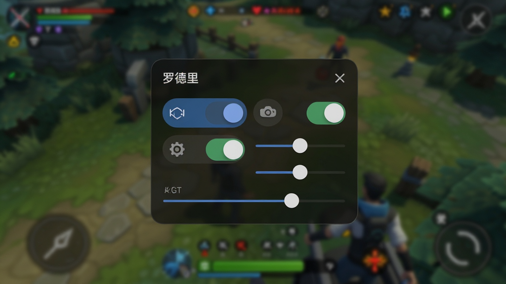 一张展示手机屏幕的图片,画面中央是一个名为“罗德里”的悬浮窗控制面板,面板采用深色半透明设计,上面排列着多个功能开关和滑块,背景是模糊的游戏画面,整体风格简洁科技感,细节清晰,画质干净,无多余元素