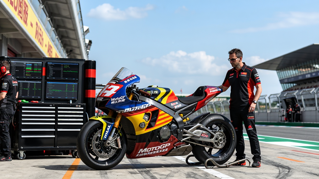 画面主体为一辆MotoGP赛车停在维修区,赛车旁站着车队经理与技师,背景是赛道和计分塔,布局上赛车占据画面中下方,上方留出天空区域,排版采用对角线构图,风格为写实竞速,细节包含赛车涂装、轮胎纹路、工具箱、数据屏幕,画质高清,干净,无多余元素,画面中文字为