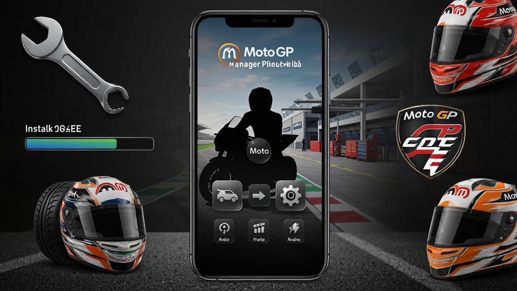画面中央展示一部智能手机,手机屏幕上呈现MotoGP车队经理模拟国际服安装器的启动界面,界面中有摩托车手剪影与车队管理图标,背景是赛道与维修区,周围环绕扳手、轮胎、头盔等赛车元素,布局上手机居中,左侧放置安装进度条,右侧放置车队徽章,排版简洁清晰,风格为写实竞速风,细节包含赛道颗粒感、金属质感图标、暗色渐变背景,画质高清,干净,无多余元素