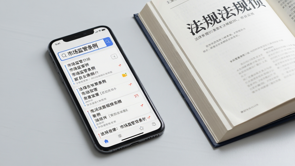 一部手机屏幕显示法律法规检索界面,搜索框内写着