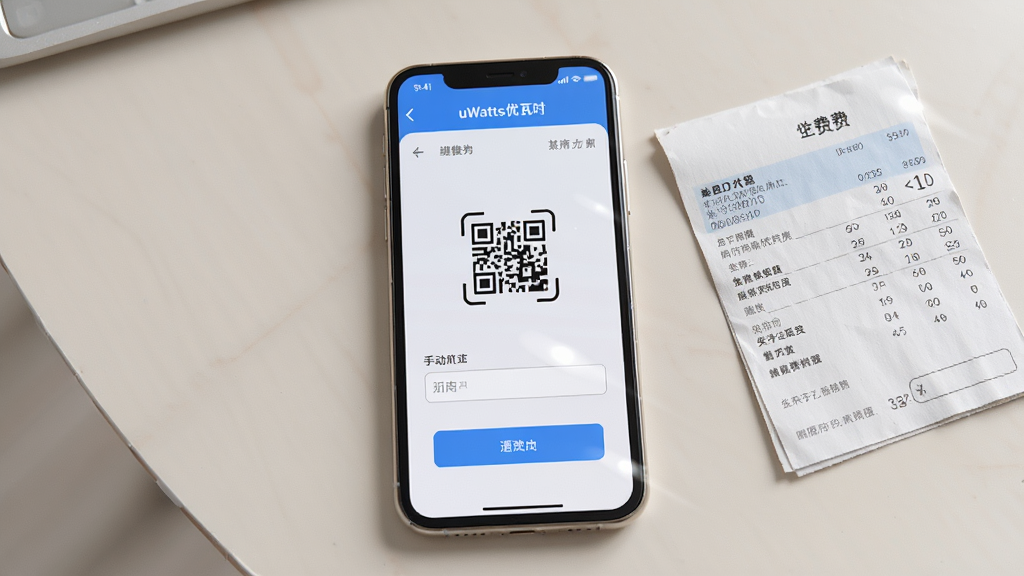 一部手机屏幕显示“uWatts优瓦时”的绑定电表页面,页面中央有扫描二维码的图标和手动输入框。手机旁边放着一张电费缴费单。背景为浅色桌面。构图居中,排版简洁。风格为清新写实。细节包括屏幕UI的按钮高光、纸张的纹理、手机边框的金属质感。画质4K,干净,无多余元素。