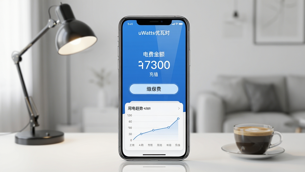 主视觉展示一部智能手机屏幕,屏幕上显示“uWatts优瓦时”应用的电费余额查询与充值界面,界面包含蓝色主色调、电费余额数字、缴费按钮、用电趋势图。背景为简洁的现代家居环境,桌面上有一盏台灯和一杯咖啡。布局居中,排版干净,风格为写实数字产品渲染。细节包括手机屏幕的高光反射、界面图标的清晰呈现、背景的柔和虚化。画质4K,干净,无多余元素。