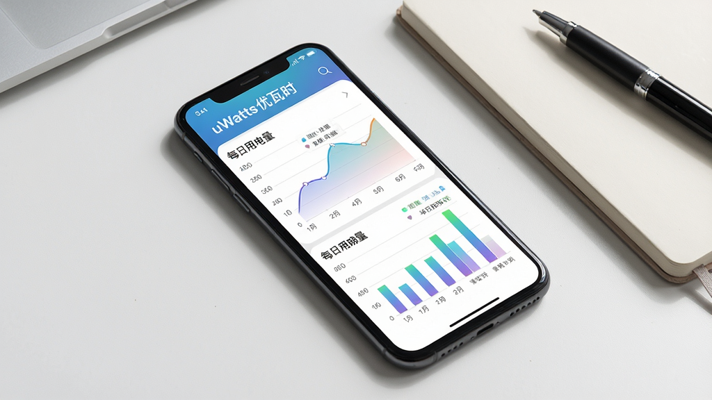手机屏幕展示“uWatts优瓦时”用电明细统计页,包含折线图和柱状图,显示每日用电量变化。手机放置在书桌上,旁边有笔记本和笔。构图采用俯视角度,排版整洁。风格为简约商务写实。细节包括图表的色彩渐变、数据标签的清晰度、屏幕边缘的阴影。画质2K,干净,无多余元素。