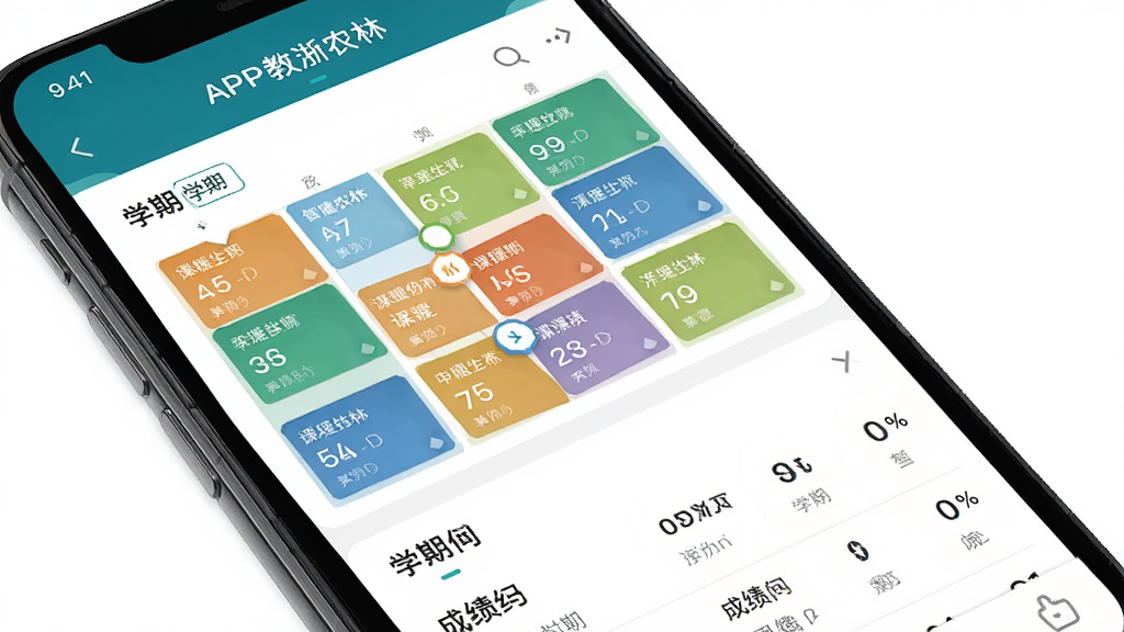 �ǻ���ũ��APP�����ܽ��棬����Ϊ�ֻ���Ļ��д������չʾ�α�����ͳɼ��б����Ű��������򣬷��Ϊ������Ӧ��UI��ϸ�ڰ�����ɫ�γ̿顢�������֡�ѧ�ڱ�ǩ�����ʸ��壬�ɾ����޶���Ԫ��