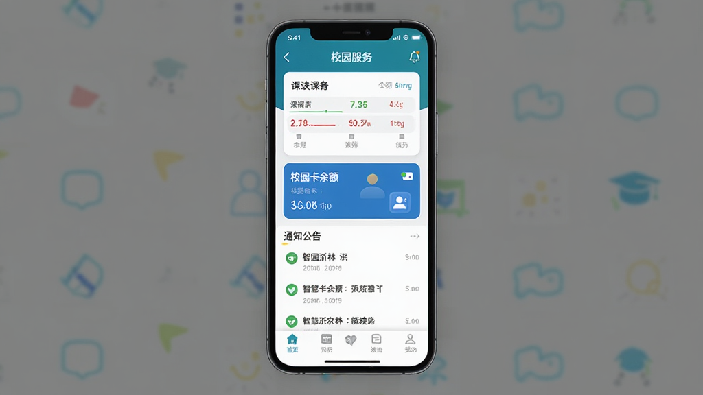 �ǻ���ũ��APP������չʾ������Ϊһ�������ֻ�����Ļ����ʾУ԰����Ӧ����ҳ�����ְ����α���Ƭ��У԰����֪ͨ�����б����Ű������������Ϊ�ִ���ƽ��UI��ƣ�ϸ�ڰ���ͼ�ꡢ���ֱ�ǩ���ײ������������ʸ��壬�ɾ����޶���Ԫ��
