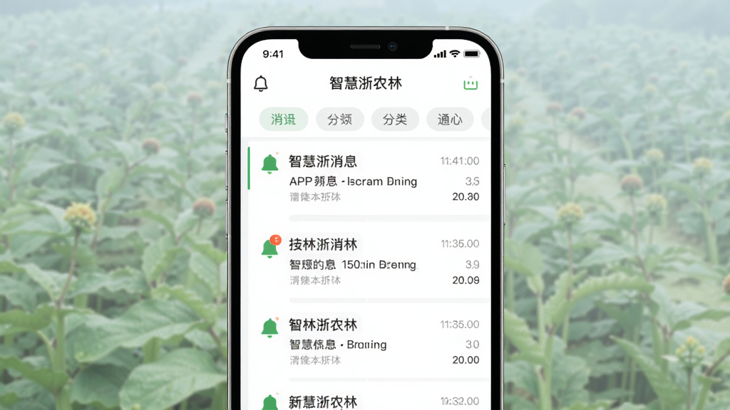 �ǻ���ũ��APP֪ͨ���Ľ��棬����Ϊ�ֻ���Ļ������չʾ��Ϣ�б��ͷ����ǩ���Ű����룬���Ϊ��Ѷ��Ӧ��UI��ϸ�ڰ�������ͼ�ꡢδ����ǡ�ʱ��������ʸ��壬�ɾ����޶���Ԫ��