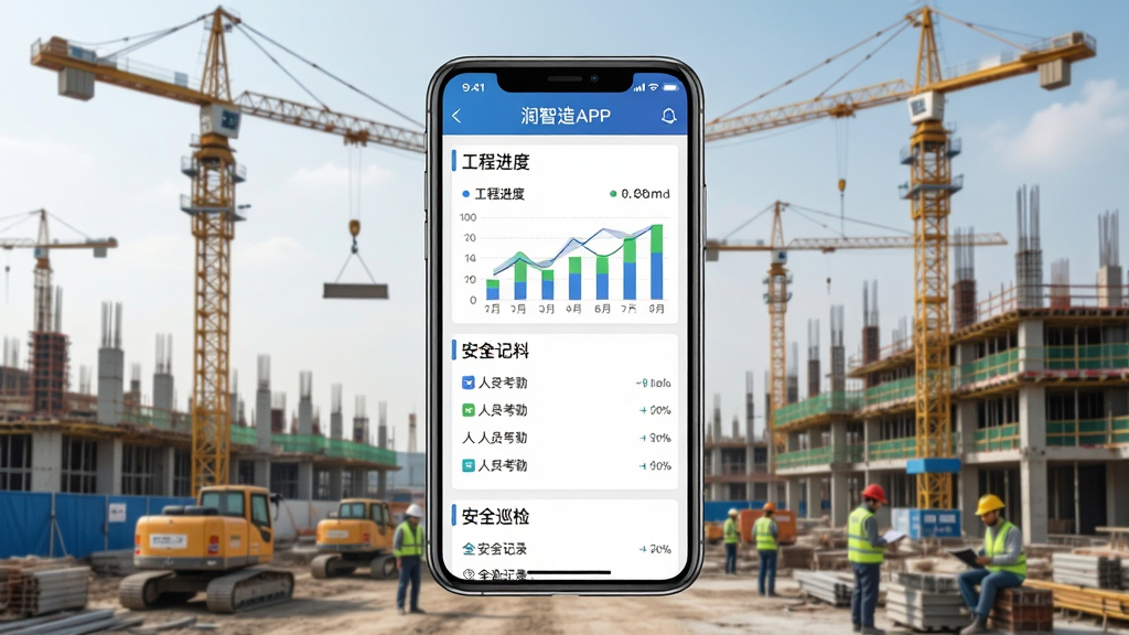 一张展示工程建筑施工现场的图片,画面中央有一部智能手机屏幕显示润智造APP的界面,界面中包含工程进度图表、人员考勤列表、安全巡检记录等模块,背景是忙碌的建筑工地与塔吊,布局为手机居中、工地场景环绕,排版简洁清晰,风格为现代写实科技风,细节包括手机屏幕上的图标与数据可视化图表,画质高清、干净、无多余元素