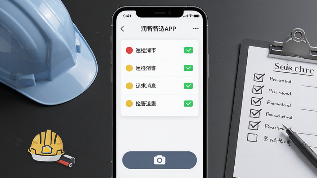 一张展示润智造APP安全巡检功能的图片,画面主体为手机屏幕显示巡检清单与拍照上传按钮,屏幕旁边有安全帽与检查表元素,布局为手机居中、左右两侧点缀工程安全图标,风格为写实商务风,细节包括红黄绿三色状态标识与相机图标,画质高清、干净、无多余元素