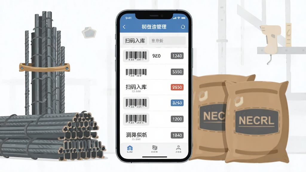 一张展示润智造APP物料管理界面的图片,画面主体为手机屏幕显示库存列表与扫码入库界面,屏幕旁边有钢筋、水泥袋等建筑材料元素,布局为手机居中、物料元素环绕,风格为扁平化插画风,细节包括条形码与数量标签,画质高清、干净、无多余元素