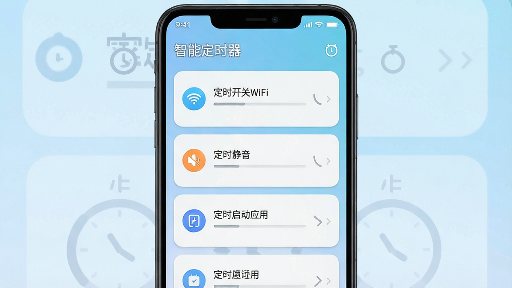 一张展示安卓手机屏幕的图片,屏幕中央是“智能定时器”应用界面,界面上有多个定时任务卡片,分别显示“定时开关WiFi”“定时静音”“定时启动应用”等图标和文字,背景为浅蓝色渐变,风格简洁现代,画质清晰,干净无多余元素