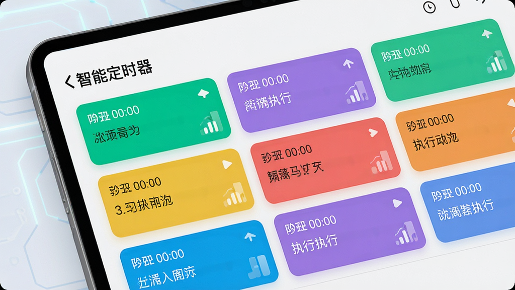 一张展示“智能定时器”应用内多任务并行管理界面的图片,画面中排列着多个彩色任务卡片,每个卡片上标注不同的触发时间和执行动作,背景干净整洁,风格科技感十足,画质清晰,无多余元素