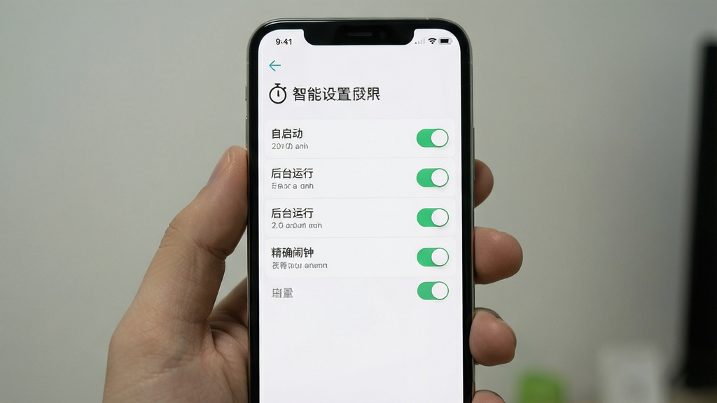 一张展示“智能定时器”权限设置引导页面的图片,画面中手机屏幕显示权限列表,包括自启动、后台运行、精确闹钟等开关按钮,背景为白色,风格清晰直观,画质干净,无多余元素