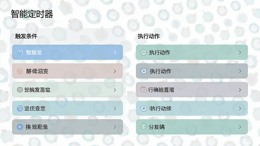 一张展示“智能定时器”条件与动作配置面板的图片,左侧为触发条件选项列表,右侧为执行动作选项列表,界面布局清晰,配色柔和,风格简约商务,画质干净,无多余元素