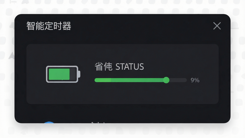 一张展示“智能定时器”后台运行与省电设置界面的图片,界面中有电池图标和运行状态指示,背景为深色系,风格沉稳专业,画质清晰,无多余元素