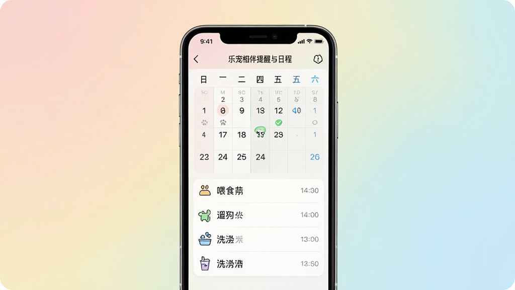 乐宠相伴智能提醒与日程界面,画面主体为手机屏幕,屏幕中显示日历视图和待办事项列表,事项包括喂食、遛狗、洗澡等图标。布局为手机居中,背景为柔和渐变色彩。排版整齐,风格简约实用,细节包括勾选圆圈和时间标签,画质高清,画面干净,无多余元素。