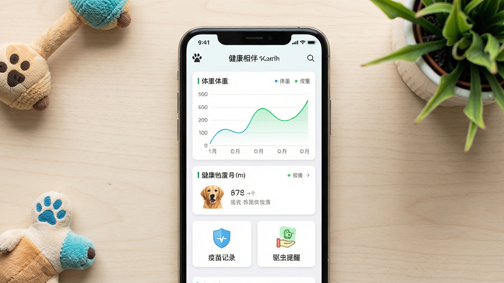 乐宠相伴软件界面展示宠物健康档案管理功能,画面主体为手机屏幕,屏幕中显示一只金毛犬的健康数据图表,包括体重曲线、疫苗记录卡片和驱虫提醒图标。布局为手机居中放置于浅色桌面,周围点缀宠物玩具和绿色植物。排版简洁明了,风格清新自然,细节包括数据图表和图标设计,画质高清,画面干净,无多余元素。