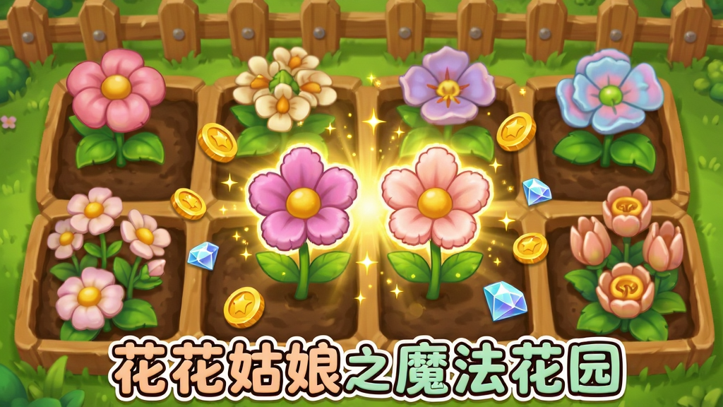 画面中是一片整齐的花圃,分为多个格子,每个格子里种植着不同等级的花朵,从低到高依次排列,画面中央有两朵相同的花朵正在合成,发出金色的光芒,周围散落着金币和钻石,背景是温馨的木栅栏和绿色的草地,布局采用俯视角度,风格为卡通休闲风格,细节上花瓣纹理清晰、合成特效带有星光粒子,画质为高清、画面干净、无多余元素,图片下方用可爱字体写着“花花姑娘之魔法花园”
