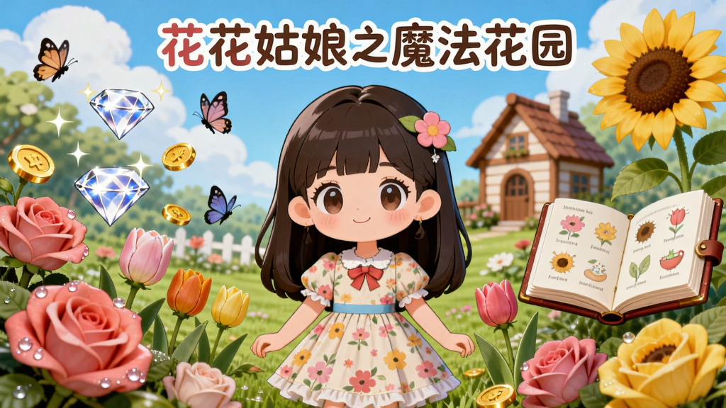 画面中央是一位身穿碎花裙的卡通女孩站在五彩斑斓的花园中,周围环绕着盛开的玫瑰、郁金香和向日葵,背景是蓝天白云与一座小木屋,画面左侧漂浮着几颗闪亮的钻石和金币,右侧有一本打开的图鉴册子,整体布局采用中心对称构图,风格为清新治愈的二次元卡通风格,细节上花瓣带有露珠、蝴蝶在花丛中飞舞,画质为高清4K、画面干净整洁、无多余元素,图片上方用圆润字体写着“花花姑娘之魔法花园”