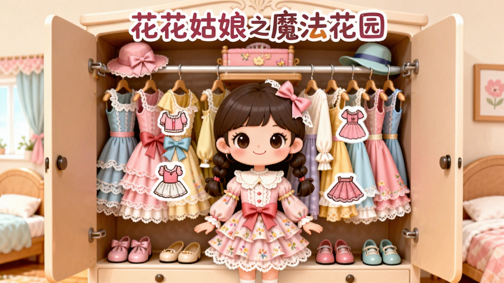 画面中央是一位卡通女孩站在衣柜前,衣柜里挂满了各种颜色的裙子、帽子和鞋子,女孩身上穿着一套粉色碎花裙,旁边有几个漂浮的服饰图标,背景是温馨的卧室,布局采用左右对称,风格为清新卡通风格,细节上服饰带有蕾丝花边和蝴蝶结,画质为高清、画面干净、无多余元素,图片上方用艺术字体写着“花花姑娘之魔法花园”