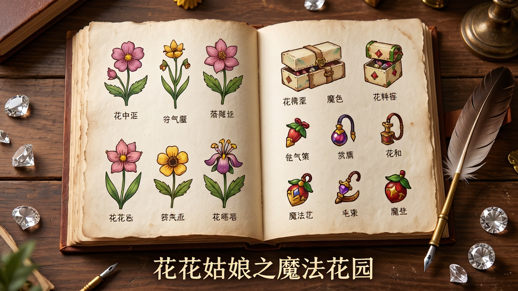 画面中是一本打开的图鉴册子,左侧页面展示着各种花卉的插图与名称,右侧页面显示着套装和道具的图标,册子旁边放着一支羽毛笔和几颗钻石,背景是木质桌面,布局采用居中构图,风格为复古手账风格,细节上纸张带有纹理、插图色彩鲜艳,画质为高清、画面干净、无多余元素,图片下方用优雅字体写着“花花姑娘之魔法花园”