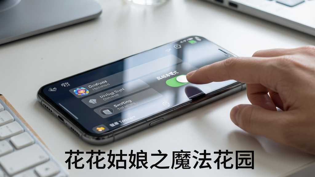 画面中是一部智能手机放在桌面上,屏幕上显示着游戏设置界面,旁边有一只手正在点击关闭高帧率模式的开关,背景是简洁的书桌,布局采用特写镜头,风格为写实科技风格,细节上手机屏幕带有反光、设置选项清晰可见,画质为高清、画面干净、无多余元素,图片下方用简洁字体写着“花花姑娘之魔法花园”