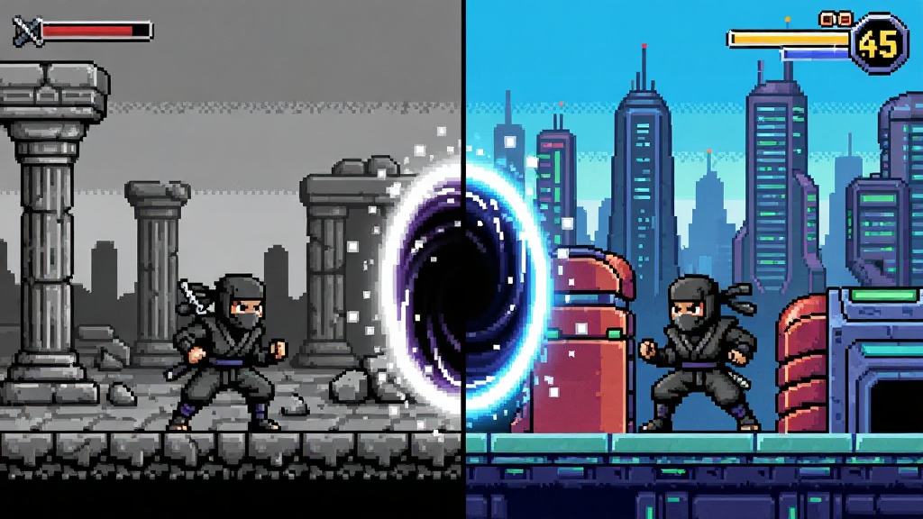 一幅像素风格的游戏场景,画面被从中间分割为左右两半,左半部分是8位灰色调的古代废墟,右半部分是16位彩色调的未来机械都市,中间有一个发光的时空传送门,主体是同一个忍者角色在两个世界中呈现不同姿态,布局为左右对比构图,排版上左右各占一半,风格为像素游戏美术,细节包括传送门的光粒子和两种世界的建筑纹理差异,画质清晰,干净,无多余元素